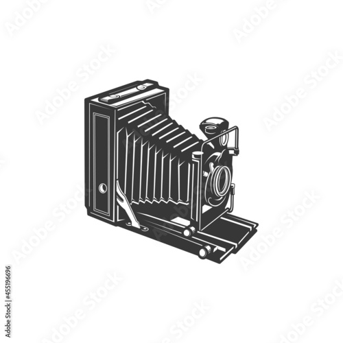 Unfolded vintage camera, photo-camera photography shooting and making retro device with foldable lens isolated monochrome icon. Vector folding photocamera photo shooting device old photo-camera