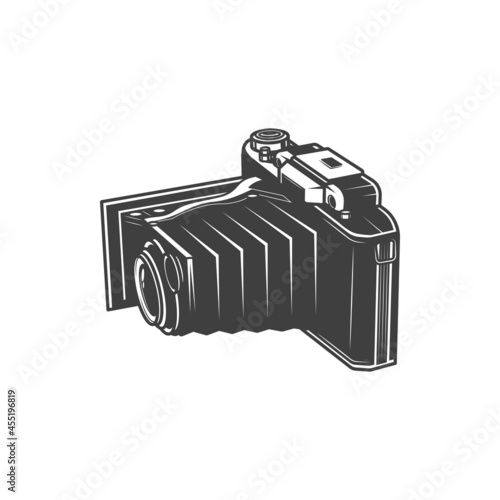 Retro folding camera isolated photo studio symbol monochrome icon. Vector unfolded vintage camera, photo-camera photography making device. Old photocamera, photography shooting equipment