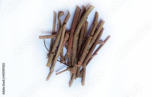 Dried Madder Root also known as Rubia tinctorum or  cordifolia or Common madder or Dyers madder also known as manjistha or manzistha etc. with various health benefits derived from ancient Ayurveda. photo