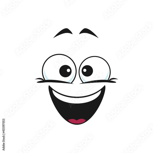 Happy emoji sticker, person chatbot in good mood isolated. Vector laughing head, world smile day symbol. Smiley with open mouth, funny emoticon. Satisfied emoji, support center bot avatar icon