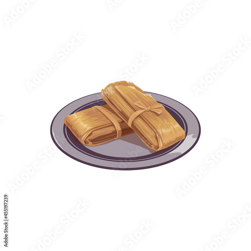 Fruit tamale wrapped dessert on plate isolated traditional mexican food. Vector wrapped tamales oaxaquenos filled with mole negro and chicken. Masa or corn-based dough steamed in corn husk photo