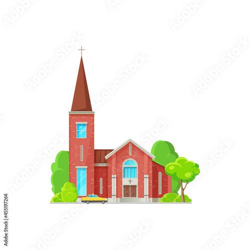 Catholic church building vector icon. Cathedral with cross on steeple, gothic chapel or monastery facade. Medieval christian religious congregation architecture exterior isolated cartoon symbol