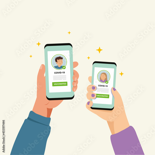hand holding smartphone and show green certificate of vaccination, digital document of covid-19 vaccine