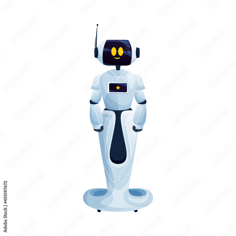Robot bionic man helper on moving stand, friendly helper with antenna on hand. Vector electronic cyborg, futuristic character sci-fi bot. Android toy on remote control, smart robotic assistant chatbot Robot bionic man helper on moving stand, friendly helper with antenna on hand. Vector electronic cyborg, futuristic character sci-fi bot. Android toy on remote control, smart robotic assistant chatbot