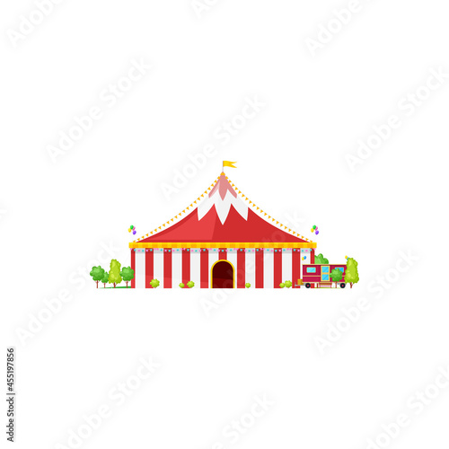 Red marquee, amusement awning of circus building isolated. Vector traveling circus arena, entertainment amusement show fairground. Canopy itinerant chapiteau, old shapito cirque with flag on top