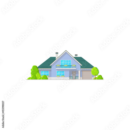 Cottage house, real estate private building vector icon. Countryside villa of classic design with green roof, porch and garage. Cartoon residential home, village townhouse residence apartment property