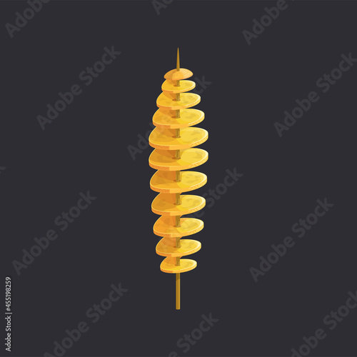 Tornado potato on skewer isolated fried salt chips icon. Vector swirls of potatoes on wooden stick. Salty chips, french fries takeaway street food, takeout dish. Vegetable dish on stick fastfood snack