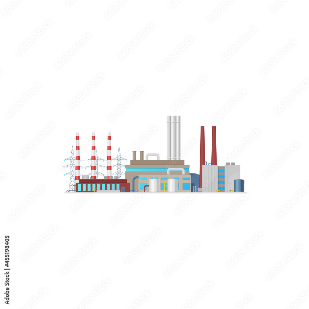 Plant, energy and power factory industry, vector electric station towers. Power plant icon, nuclear, chemical or thermal factory building with turbines, boilers and chimneys, oil production pipeline