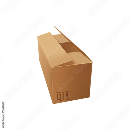 Blank paper box isolated cardboard package with fragile sign and top arrows icon. Vector realistic paper package, shipping, delivery and distribution. Carton box with fragility sign, dont turn over