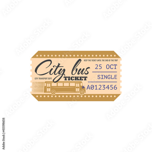 City bus single ticket isolated template. Vector tourist ticket on public transport, carton coupon with mention of time, departure date, control number. Intercity passenger transport vintage ticket