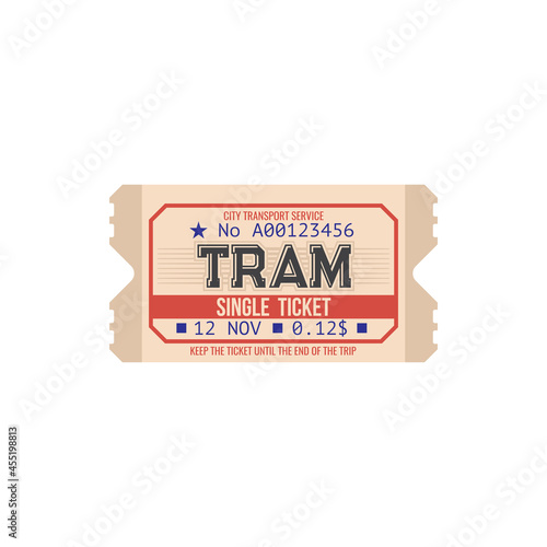 Vintage tram ticket isolated template. Vector city transportation retro pass card, trip paper coupon with perforated cut line. Boarding tram single ticket control with date, urban transport access