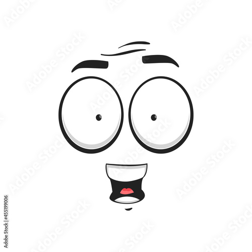Cartoon face vector icon, surprised or shocked funny emoji, astonished facial expression with wide open or goggle eyes and open yelling mouth, feelings isolated on white background