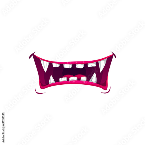 Monster mouth smile, vector vampire jaws with sharp fangs. Cartoon scary maw with long pointed teeth, laughing alien or beast isolated on white background
