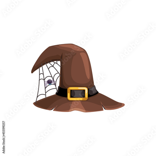 Cartoon witch hat vector icon, brown magician headwear with ragged brims, gold buckle and spider sitting on web. Halloween party costume, wizard cap isolated on white background