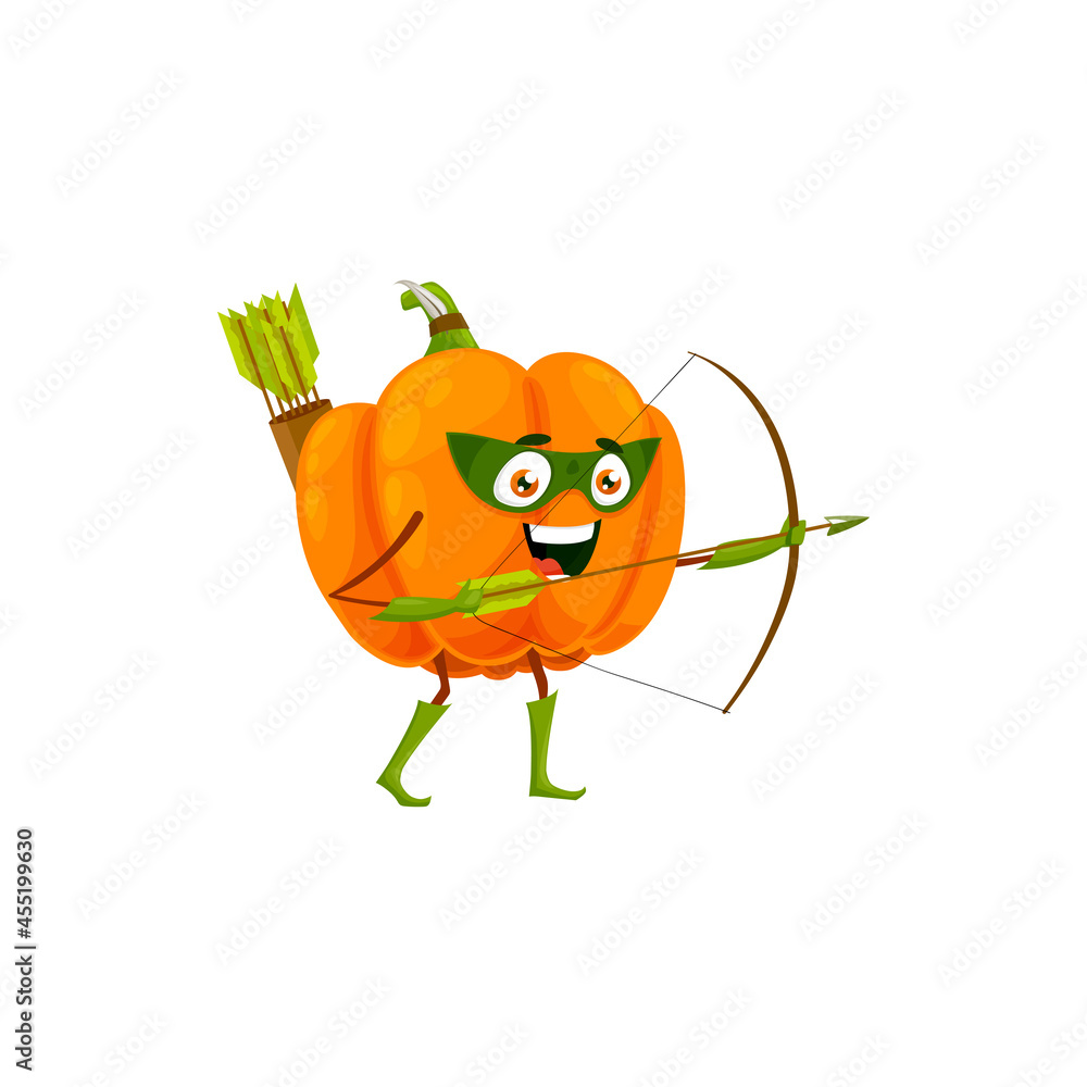 Cartoon pumpkin fairytale hero isolated vector icon. Funny vegetable in cloak and mask shoot with bow. Fairy tale robin hood character, healthy food, vitamin superhero personage Cartoon pumpkin fairytale hero isolated vector icon. Funny vegetable in cloak and mask shoot with bow. Fairy tale robin hood character, healthy food, vitamin superhero personage