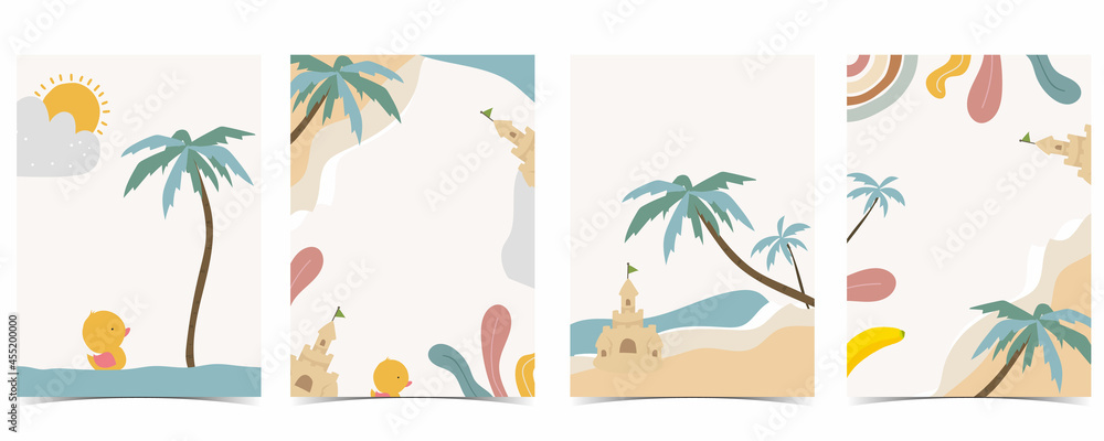 Collection of kid postcard set with sea,beach, sun.Editable vector illustration for website, invitation,postcard and sticker - obrazy, fototapety, plakaty 
