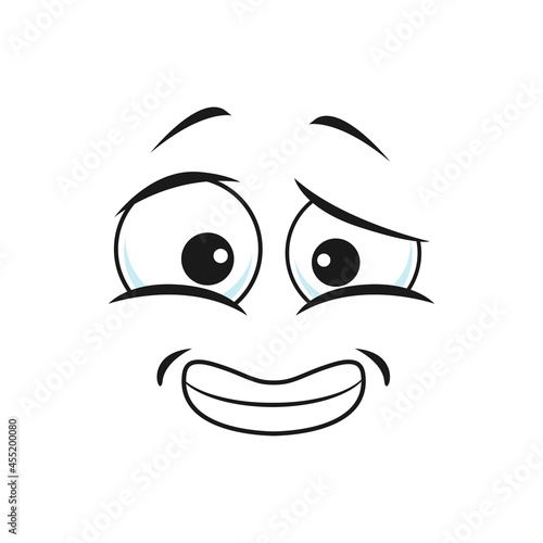 Puzzled or confused emoticon with big eyes and oops face expression isolated linear emoji. Vector uncertain face with broad smile. Uncertain smiley gesture, oops facial gesture, social network emoji