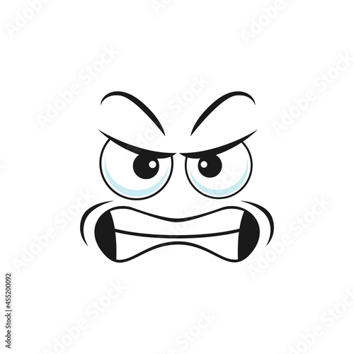 Wrathy sad emoticon with angry smile, social network chatting sign isolated icon. Vector grumpy sullen emoji, ireful or rageful smiley facial emotion. Irritated angry smiley in bad mood, rageful smile