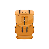 Trekking backpack isolated orange rucksack with straps lacing, haversack icon. Vector knapsack, hiking, climbing mountain sport expedition haversack, cartoon hikers bag. Backpacking equipment object