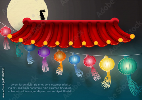 Colorful Chinese lanterns with silhouette rabbit standing on Chinese temple roof and on full moon with night time background. Card and poster of Mid autumn festival in vector design.