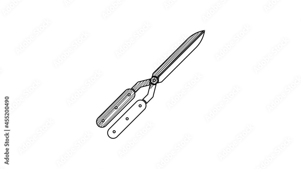 Black line Gardening handmade scissors for trimming icon isolated on white background. Pruning shears with wooden handles. 4K Video motion graphic animation Black line Gardening handmade scissors for trimming icon isolated on white background. Pruning shears with wooden handles. 4K Video motion graphic animation