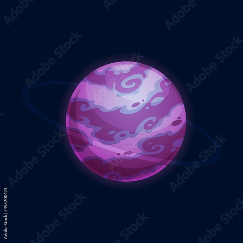 Purple planet martians world isolated alien galaxy cartoon icon. Vector violet globe, fantasy universe, imaginary outer space planet ui or gui game design. Martians world, fantastic mystery globe