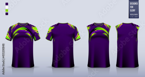 Violet T-shirt sport, Soccer jersey, football kit, basketball uniform, tank top, and running singlet mockup. Fabric pattern design. Vector.