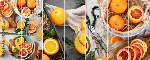 Collage of different types of fresh oranges.