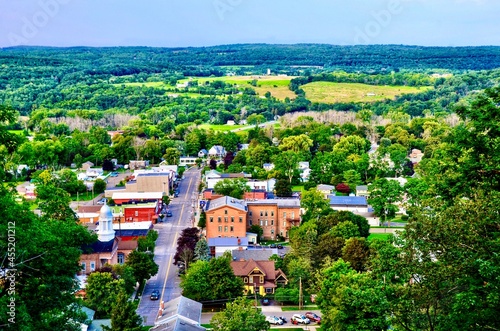 Aerial view of Montour Falls, a small historic village - Main Street, and surrounding hill forest landscape, in upstate New York.  It’s next to hot tourists area of Watkins Glen and the Seneca lake  photo