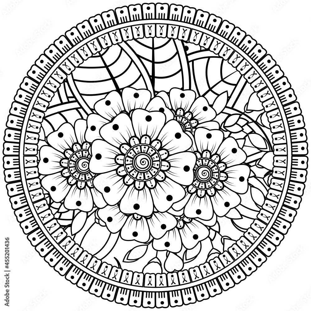 Mehndi flower for henna, mehndi, tattoo, decoration. decorative ornament in ethnic oriental style. doodle ornament. coloring book page. Mehndi flower for henna, mehndi, tattoo, decoration. decorative ornament in ethnic oriental style. doodle ornament. coloring book page.