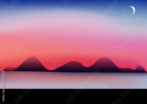 graphics drawing landscape view outdoor nature moon sky and star with the reservoir and twilight silhouette with grass on the ground for wallpaper background vector illustration
