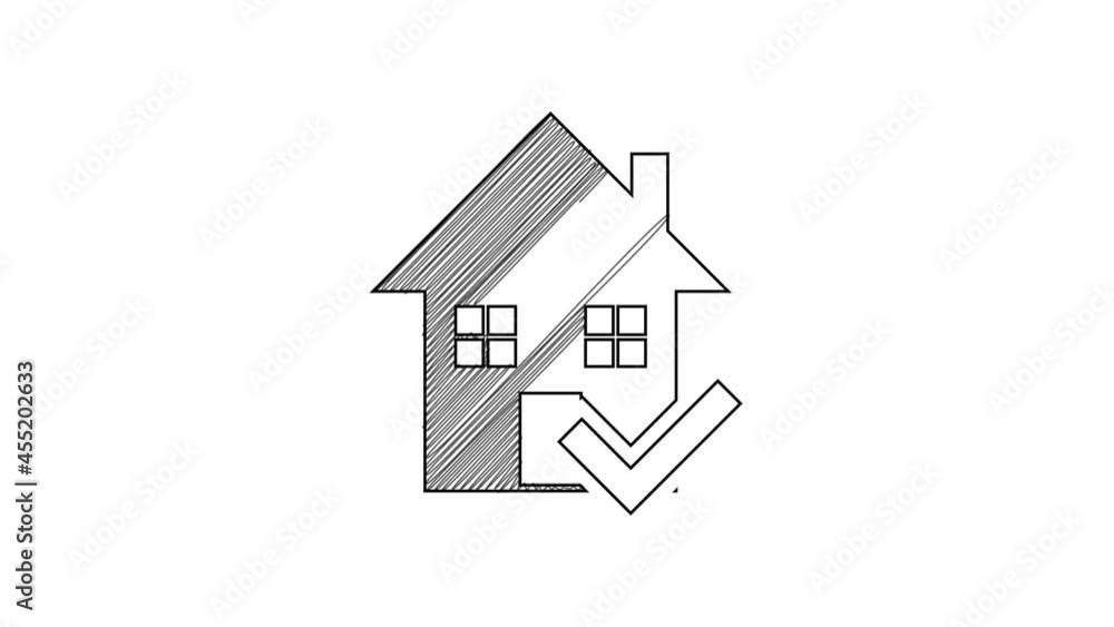 Black line House with check mark icon isolated on white background. Real estate agency or cottage town elite class. 4K Video motion graphic animation Black line House with check mark icon isolated on white background. Real estate agency or cottage town elite class. 4K Video motion graphic animation