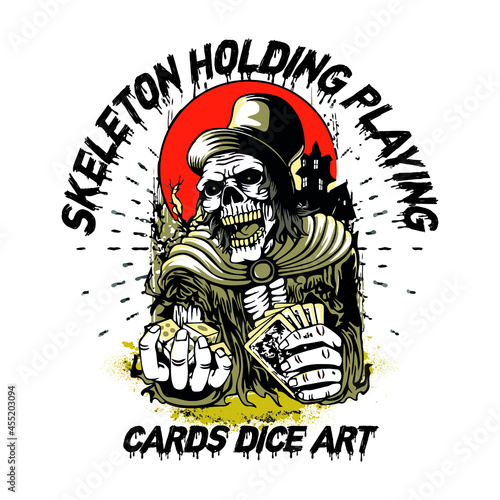 skeleton holding playing cards dice art