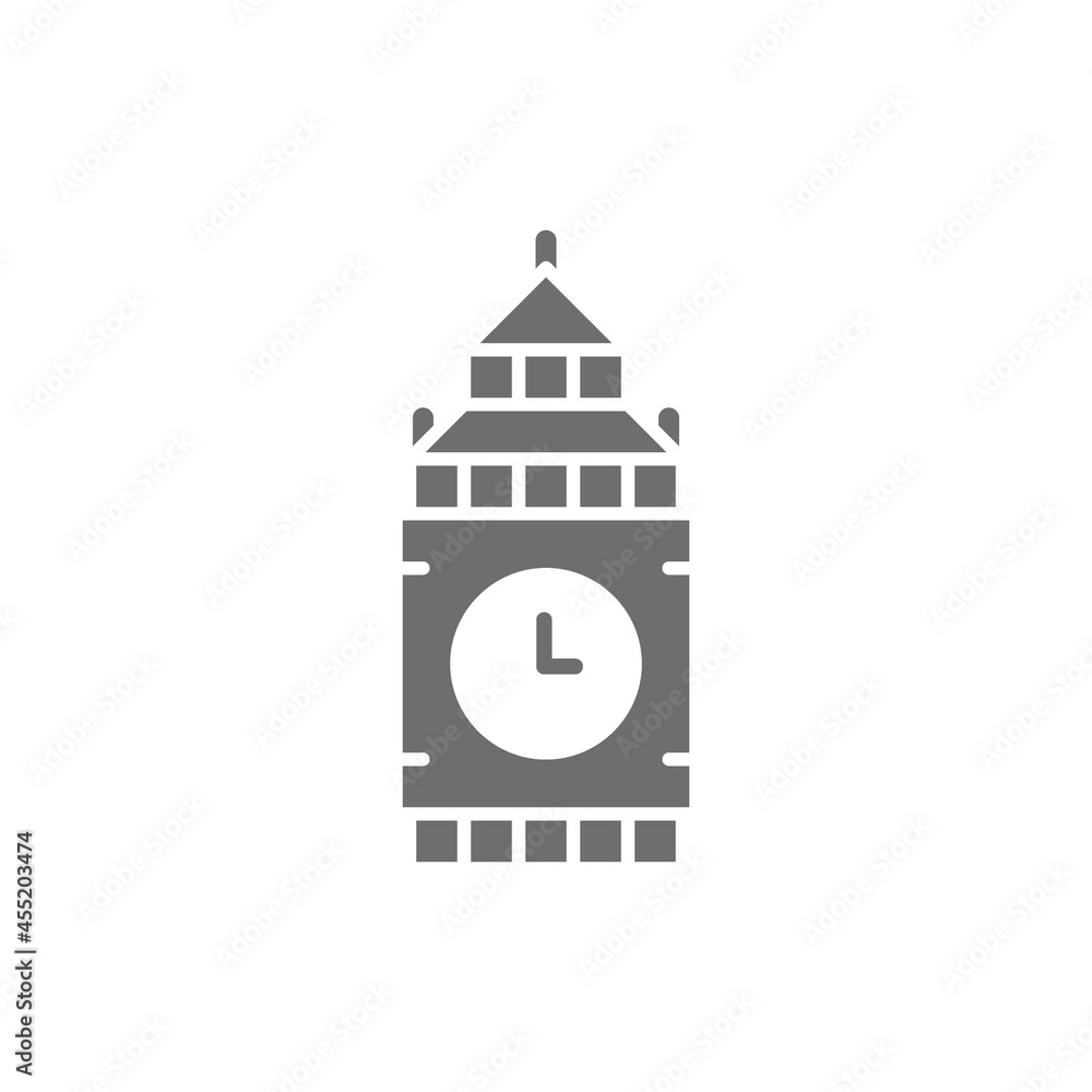 Big Ben, United Kingdom, landmark grey icon.