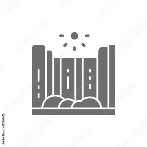 Vector waterfall and mountain landscape grey icon.