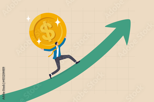 Sales increase, investment growth or earning and profit rising up, salary or revenue growing, financial prosperity concept, strong businessman investor carry golden money coin walk up rising up graph.