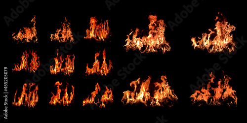 Red bonfire set of 9 types that burns fuel. on a black background