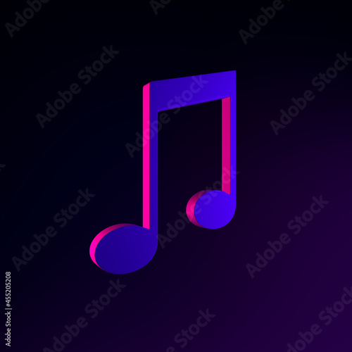 Neon flat musical note icon. 3d rendering ui ux interface element. Dark glowing symbol.