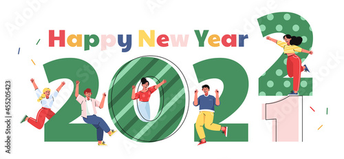 Happy New Year 2022. Joyful people wave their hands. Big numbers 2022. Congratulatory illustration.Flat design.