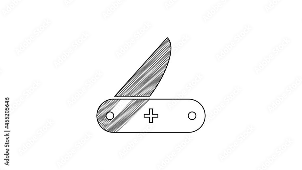 Black line Swiss army knife icon isolated on white background. Multi-tool, multipurpose penknife. Multifunctional tool. 4K Video motion graphic animation Black line Swiss army knife icon isolated on white background. Multi-tool, multipurpose penknife. Multifunctional tool. 4K Video motion graphic animation
