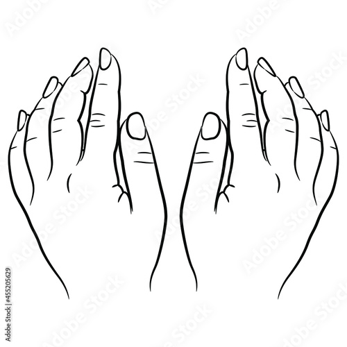 Top view of two raised up human female hands. Cartoon style. Black and white linear silhouette. Isolated vector illustration.