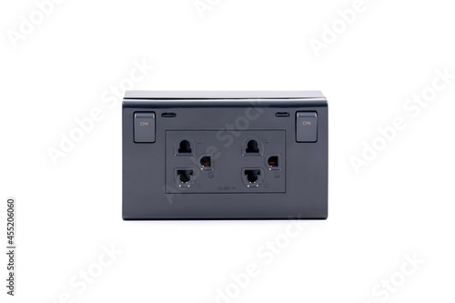Black color wall outlet AC power plug socket with On-Off switch isolated on white background.