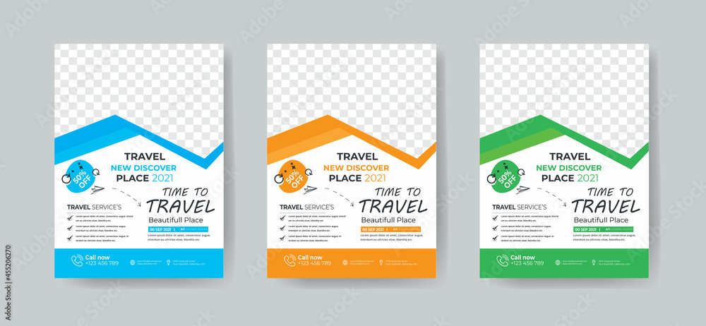 Travel Agency Flyer Layout with 3 Colorful Accents and Grayscale Elements
