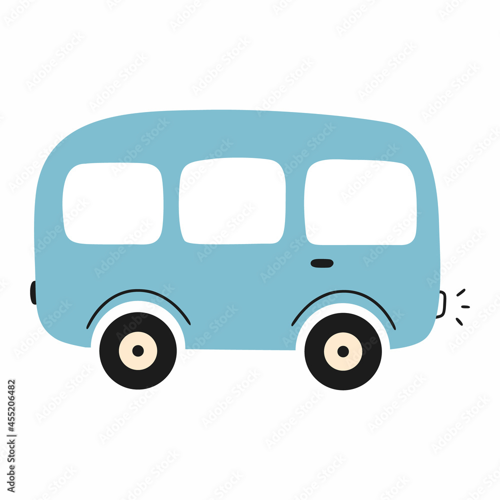 Blue car in style of doodles on white background. School bus icon. Illustration of automobile for children book or print on clothes.