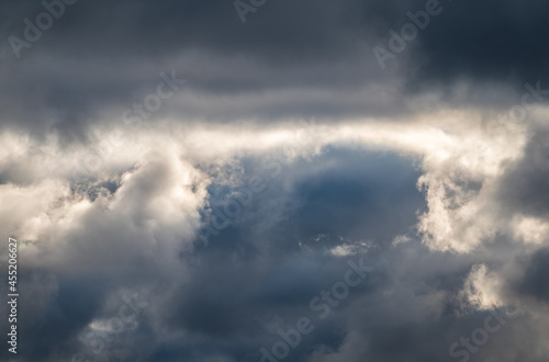 Dramatic cloudy sky background. Dark blue stormy cloudy sky. Natural photo background