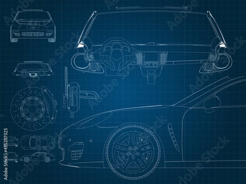 drawing of a car and its parts on a blue millimeter substrate
