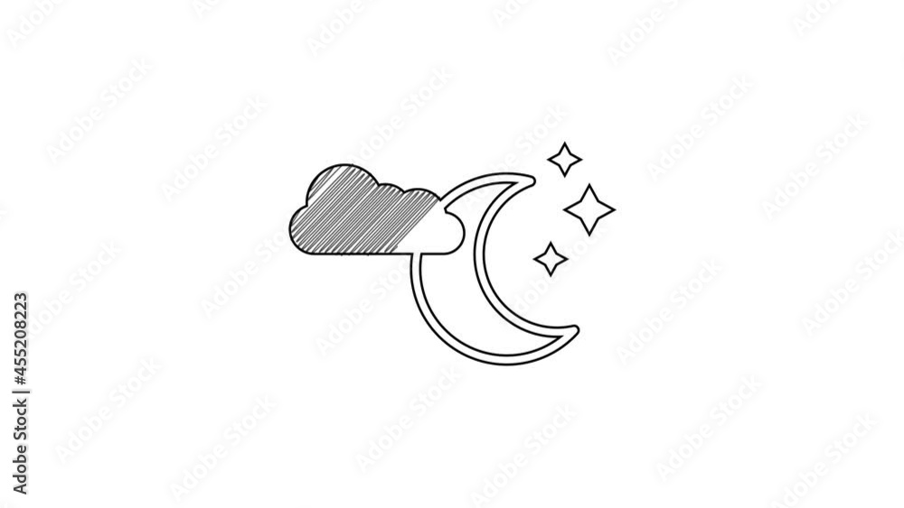 Black line Cloud with moon and stars icon isolated on white background. Cloudy night sign. Sleep dreams symbol. Night or bed time sign. 4K Video motion graphic animation Black line Cloud with moon and stars icon isolated on white background. Cloudy night sign. Sleep dreams symbol. Night or bed time sign. 4K Video motion graphic animation
