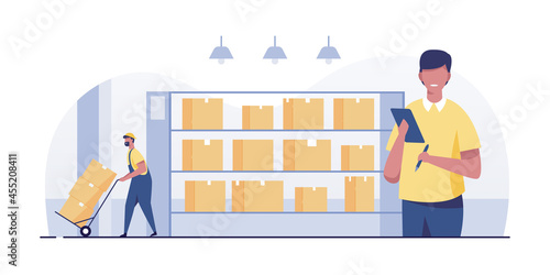 Warehouse worker checking list of storage boxes. Check the number of products that must be delivered to customers. vector illustration