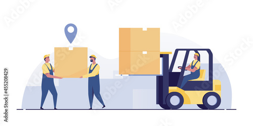 Man driving and controling the forklift.
