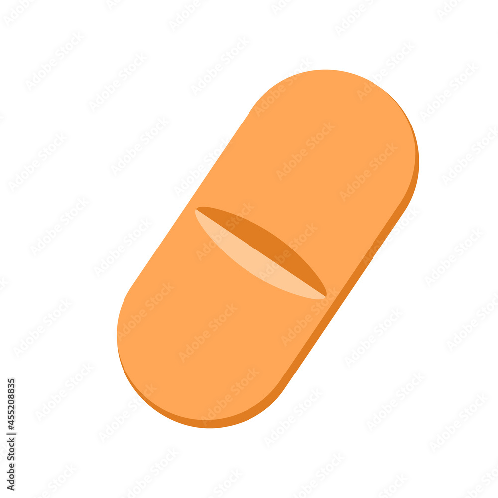 Orange caplet isolated on white background. Capsule shaped medicinal